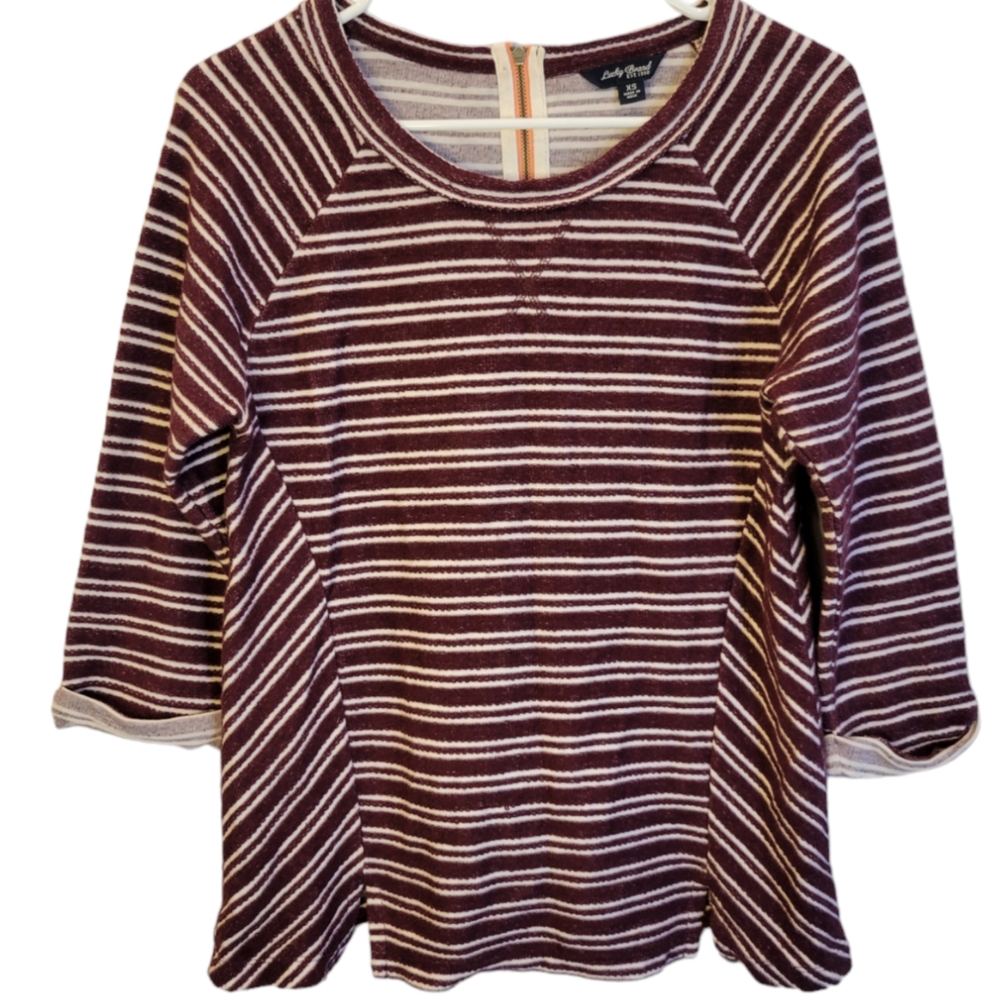 Lucky Brand Women's Top 1/4 Sleeve Striped Blouse With Zipper Accent Size XS